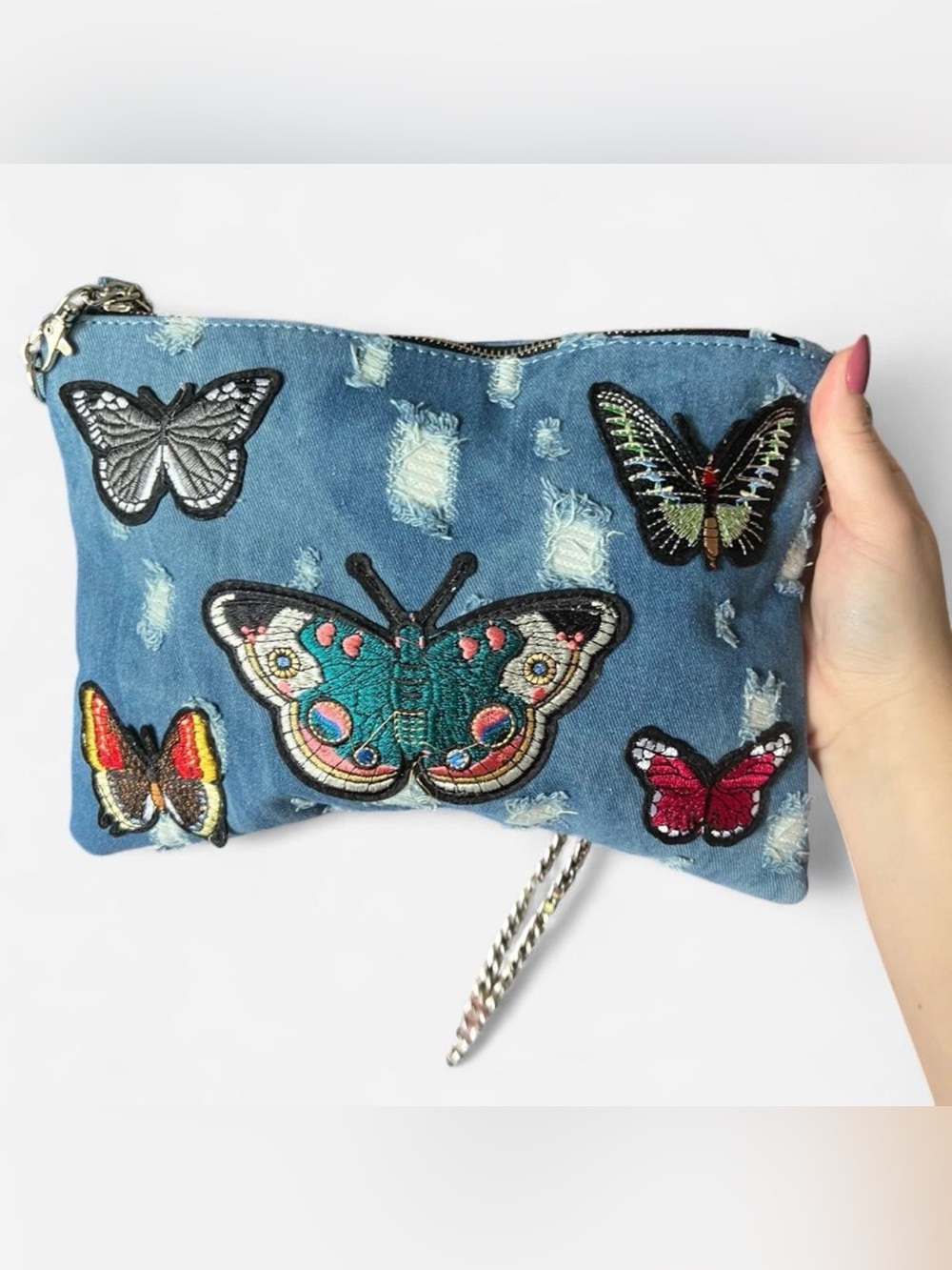 Butterfly Embroidered Denim Shoulder Bag - Blue - Picture 2 of 3